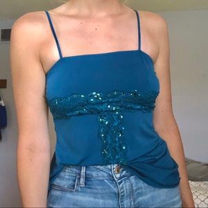 blue spaghetti strap tank with sequin detail